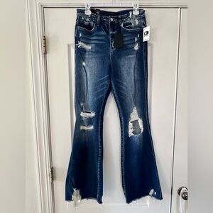 Buckle Flying Monkey Dark Blue Distressed Flare Jeans